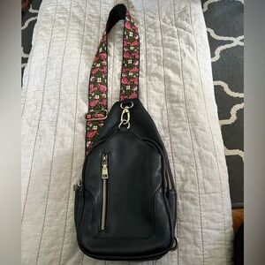 Black Leather Sling Bag with Floral Strap